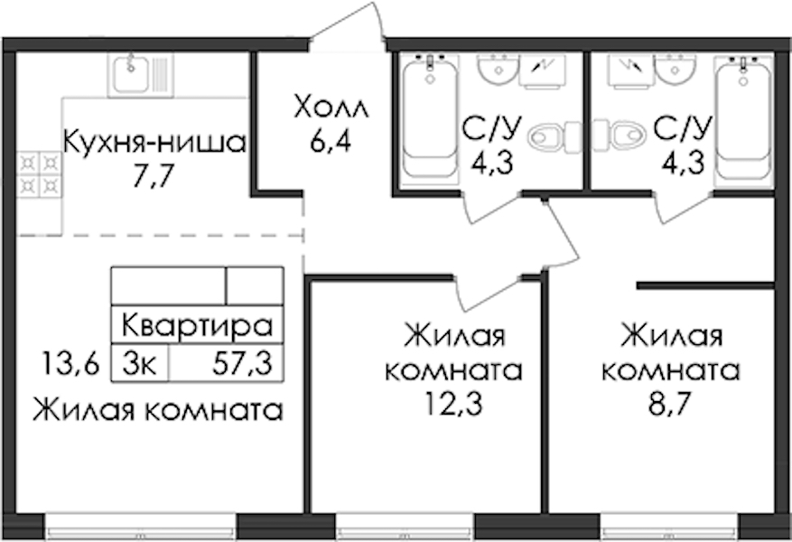 2-комнатная квартира 57.3 м², 1/9 эт., ЖК «Лермонтовский 54»